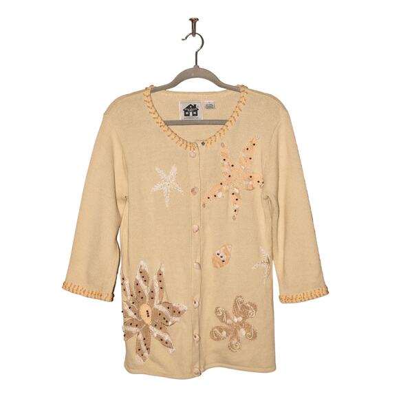 STORYBOOK KNITS $129 Light Beige Beaded Cardigan Shell Starfish Small - Picture 1 of 4